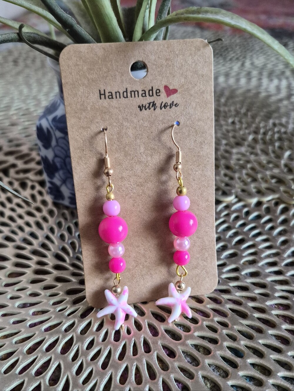 Handmade Pink Beaded Starfish Dangle Earrings